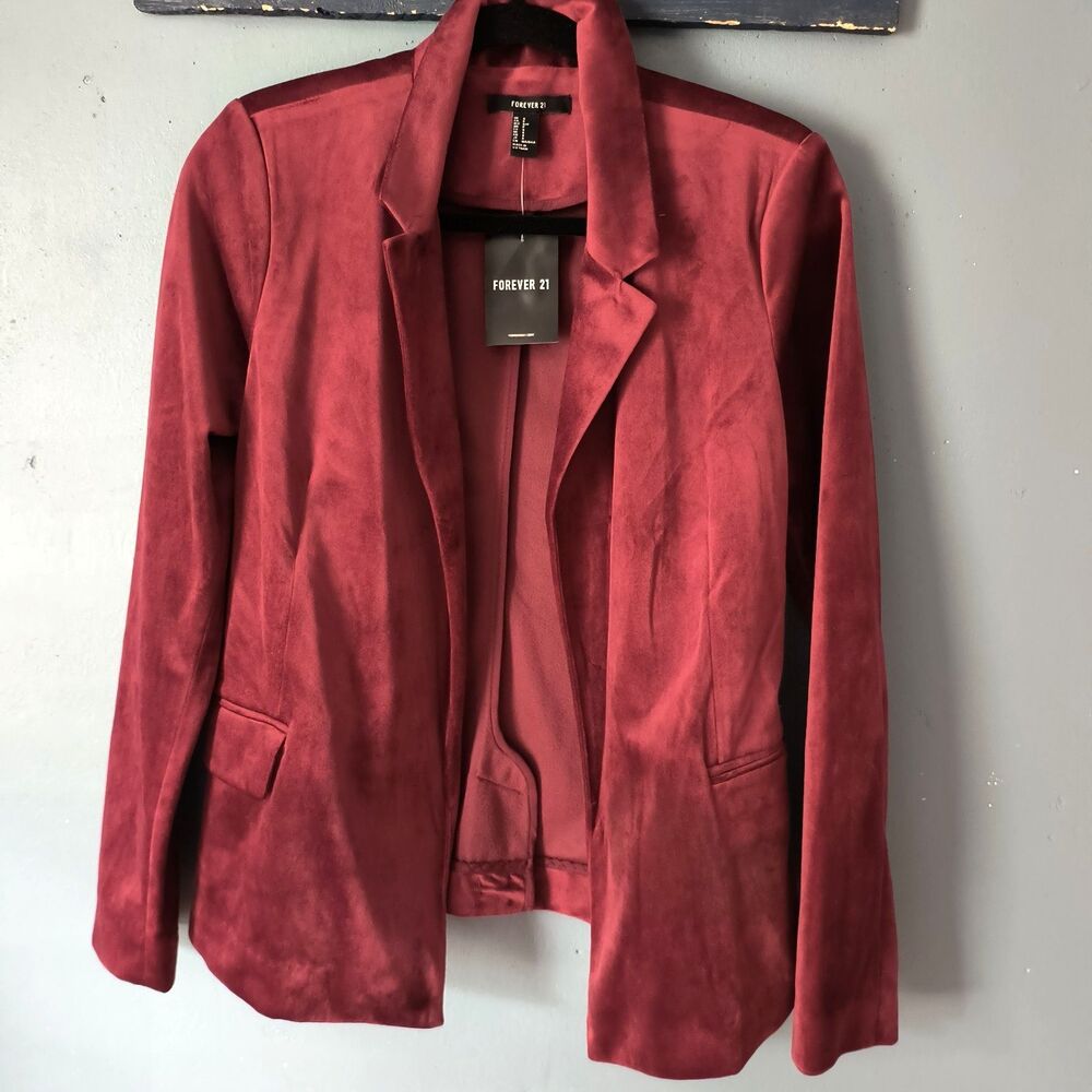 Forever 21 Velvet Blazer NEW Womens Small Red Y2K Open Front Glam Party Holiday